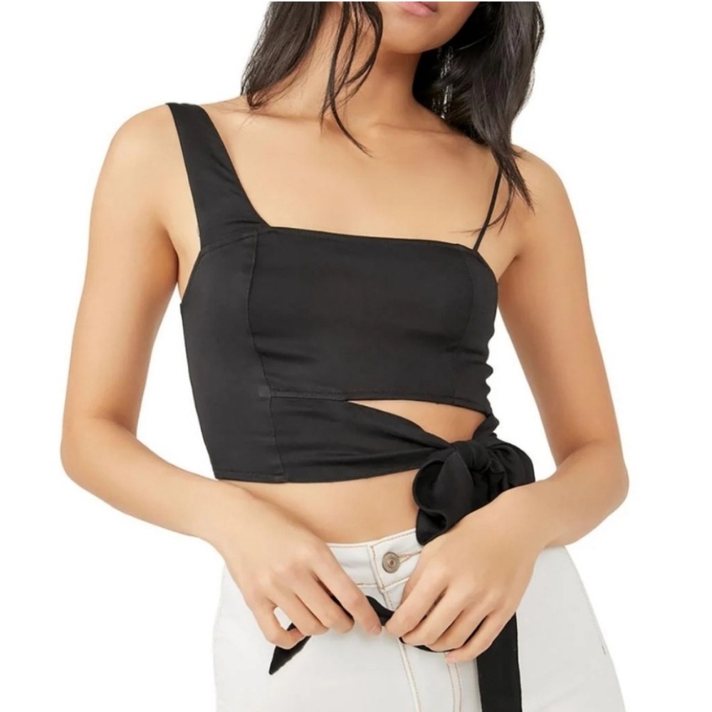 Free People black one shoulder cut out tie side asymmetrical crop top medium